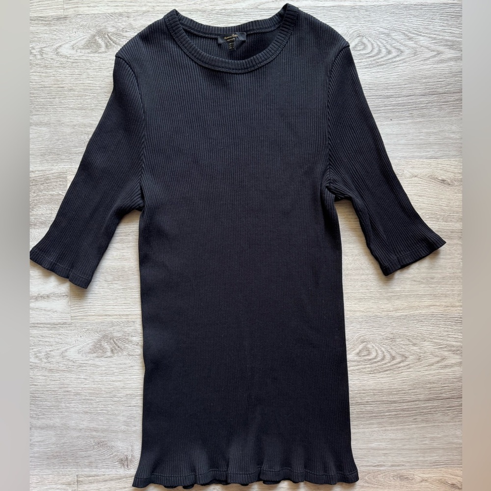Massimo Dutti Black Fitted Ribbed Cotton Blend Short Sleeve Top Great Basic L